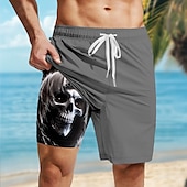 cheap Retro Vintage &amp; Ethic-Men&#039;s Skull Dark Gothic Lined Shorts 2 in 1 Board Shorts Swim Shorts Mid Waist Hawaiian Retro Vintage Holiday Beach Wear Side Pockets With Compression Liner Elastic Drawstring Waist Designer Clothing
