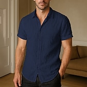 cheap Home-Men&#039;s Cotton Linen Shirt Plain Vacation Daily Wear White Dark Navy Blue Beige Short Sleeve Lapel Spring &amp; Summer Clothing Apparel