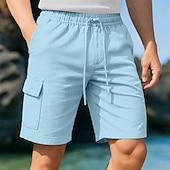 cheap Holiday-Men&#039;s Cargo Shorts Shorts Linen Shorts Summer Shorts Beach Shorts Drawstring Elastic Waist Multi Pocket Plain Knee Length Outdoor Casual Daily Vacation Hawaiian Black White Micro-elastic