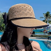 baratos Chapéus-chapéu de sol respirável feminino com laço, chapéu de palha com design oco, boné de verão dobrável com proteção UV