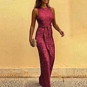 billige uformelle jumpsuits-Dame EU / USA størrelse Sparkedrakter Elegant Full lengde Høy Midje Ensfarget Paljetter Uelastisk Formell Fest / aften Sølv Vinrød Gull Svart Sommer Normal