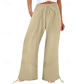 cheap Plain Cotton Linen Pant-Women&#039;s Cotton Linen Shorts Linen-Inspired Pants Cotton Linen Pants Fashion Full Length Natural Plain Pocket Elastic Drawstring Design Comfy Outdoor Comfortable Outdoor Street Going out Orange red