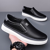 baratos Ténis para Homem-Tênis masculinos slip-on brancos com detalhes em PU – calçados leves e modernos para streetwear, viagens e trajes casuais