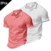 cheap Men&#039;s Classic Polo-Multi Packs 2pcs Men&#039;s Lapel Short Sleeves White+Pink Button Up Polos Golf Shirt Golf Polos Shirts Plain Vacation Daily Wear Polyester Summer