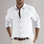 economico Casual da lavoro-Per uomo Camicia in cotone e lino Semplice Vacanza Casual Quotidiano Nero Bianco Azzurro cielo Cachi Manica Lunga Bavero Abbigliamento Bottonato