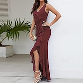 voordelige Feestjurken-Dames Halflange jurk Feestjurk Cocktail jurk Bruiloft gast jurk Elegant Modieus Bruiloft Feest Speciale gelegenheden  Normale pasvorm Effen Mouwloos V-hals Zwart Wijn Rood Marineblauw Zomer