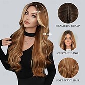 baratos Perucas Sintéticas sem Touca-Peruca longa cacheada com mechas e franja cortina para mulheres, cabelo sintético em camadas de 28 polegadas, resistente ao calor, perucas de aparência natural para uso diário