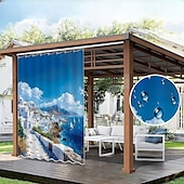 olcso Vízálló függönyök-Vízálló Kültéri Függöny Magánélet Tolóteraszos Függöny Pergola Függönyök Fülekkel 3D Táj Szentorini A Kerti Pavilonhoz Erkélyhez Porchhoz Partira 1 Panel