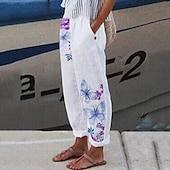 cheap Graphic Cotton Linen Pant-Women&#039;s Cotton Linen Pants Palazzo Pants Fashion Streetwear Comfort Ankle-Length Mid Waist Flower / Floral Pocket Elastic Waist Comfy Outdoor Comfortable Street Daily Wear Going out Cold White White