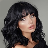 economico Parrucche trendy sintetiche-Parrucca Lativ nera mista castana con frangia, parrucche corte e ondulate per donne, lunghezza spalle, ricce, caschetto lungo 14 pollici, per cosplay di Halloween, uso quotidiano per feste