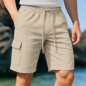 cheap Holiday-Men&#039;s Cargo Shorts Shorts Linen Shorts Summer Shorts Beach Shorts Drawstring Elastic Waist Multi Pocket Plain Knee Length Outdoor Casual Daily Vacation Hawaiian Black White Micro-elastic