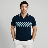  Homens Pólo Trabalho O negócio Coleira de gaivota Manga Curta Férias Vintage Xadrez Botões Estampado Verão Primavera Normal Azul Marinha Pólo