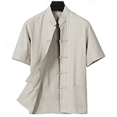 abordables Informal de negocios-Hombre Camisa Camisa de lino Camisa casual Abotonar la camisa Remera de algodón Plano Vacaciones Calle Negro Blanco Azul Marino Caqui Manga Corta cuello de abuelo Verano Ropa Abotonar