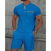 cheap Men&#039;s Tee Sets-Men&#039;s Waffle Shirt T-shirt Suits 2 Pieces Outfits Tee &amp; Shorts Short Sleeve Standing Collar Summer Color Block Fashion Casual 2 Piece Front Pocket Vacation Daily Wear Going out Black White Royal Blue