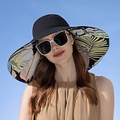 abordables Sombreros-1 sombrero reversible de ala ancha para mujer, diseño floral tropical, color rosa. &amp;Combinación de colores azul/verde, poliéster transpirable con cuerda a prueba de viento, ligero &amp;Elegante para