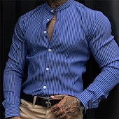 cheap Men&#039;s Button Up Shirts-Men&#039;s Casual Shirt Beach Shirt Button Up Shirt Deep Blue Light Blue Long Sleeve Stripes Grandad Collar Lapel Vacation Hawaiian Button-Down Clothing Apparel Polyester Fashion Casual Comfortable