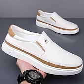 baratos Ténis para Homem-Tênis masculinos slip-on brancos com detalhes em PU – calçados leves e modernos para streetwear, viagens e trajes casuais