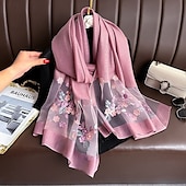 abordables Manches &amp; Écharpe-Printemps et automne nouveau clou perle simulation foulard en soie élégant et polyvalent pour les femmes brodé fleur de pommier longue écharpe été crème solaire écharpe