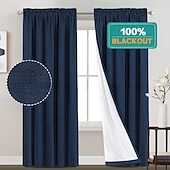 baratos Cortinas &amp; Cortinados-Cortinas de Textura de Linho para Quarto Sólido 100% Blackout Térmica Isolada com Forro Branco Cortinas/Dráperes Escurecedoras para Sala de Estar Berçário 2 Peças L52 x A84