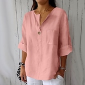 cheap Shirts-Women&#039;s Cotton Linen Blouse Solid Color Elegant Stylish Casual 3/4 Length Sleeve V Neck Regular Tops Daily Holiday Buttons Black White Pink Blue Beige Summer Spring