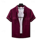 preiswerte Freizeithemden für Herren-Herren Hemd Sommerhemd Freizeithemd Strandhemd Cordhemd Knopfhemd Schwarz Wein Blau Grau Kurzarm Einfach Revers Urlaub Hawaiianisch Fronttasche Bekleidung Polyester Mode Lässig Bequem