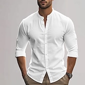 economico Casual da lavoro-Per uomo Camicia in cotone e lino Semplice Vacanza Nero Bianco Cachi Grigio scuro Manica Lunga Colletto alla coreana Abbigliamento