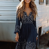 abordables Robes Bohémiennes-Femmes Robe Midi Robe bohème Robe occidentale Mode Classique Fête Sortir Week-end Coupe régulière Fleur manche longue Col en V Bleu de minuit Été