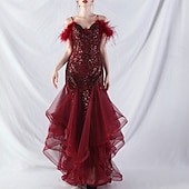 economico ROSSO-Abiti Quinceanera Mermaidi  Trumpet in Paillettes Elegante Abito Formale Semi Formale Matrimonio Lunghezza P_avimento Senza Maniche Scollo a V Tulle Volant con Piume