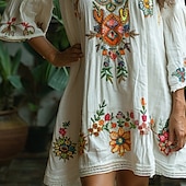 billiga Bohemklänningar-Dam Mini klänning Blommig klänning Boho-klänning Klänning med tryck Västerländsk klänning Klassisk Utomhus Semester Helgen Normal Blomma 3/4 ärm V-hals Vit Sommar