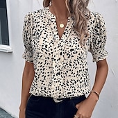 billige Kvinnenes Kunst &amp; Design Topper-Kvinners Bluse Grafisk Prikkete Elegant Casual Korte Ermer V-Hals Vanlige Topper Daglig Ferie Svart Gul Rosa Blå Beige Sommer