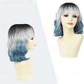 economico Parrucche trendy sintetiche-Parrucca ondulata con frangia, parrucca blu argento naturale sfumata, capelli sintetici, lunghezza spalle, parrucche corte e ricce sfumate per donna