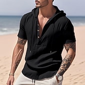 preiswerte Baumwoll-Leinenhemd-Herren Hemd Leinenhemd Popover-Hemd Freizeithemd Baumwollhemd Einfach Urlaub Straße Schwarz Weiß Gelb Marineblau Kurzarm Mit Kapuze Sommer Bekleidung Button-Down