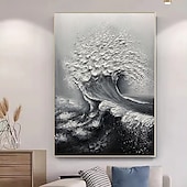 abordables Peintures paysages-Peinture à l&#039;huile faite à la main sur toile, décoration murale, couteau à palette 3D, paysage abstrait de vagues océaniques en noir et blanc pour la décoration intérieure, cadre tendu, peinture