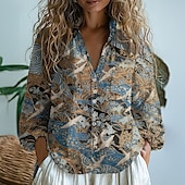 abordables Hauts de Vacances pour Femmes-Femmes Chemise Chemise en coton et lin Chemisier Fleur Élégant Moderne manche longue Col en V Hauts Réguliers Quotidien Fête Sortir Imprimé Jaune Vin Rouge bleu marine Bleu Été