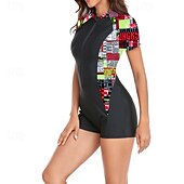 abordables Maillots de bain une pièce-Femmes Maillots de Bain Une Pièce Maillot de bain Zip Up Patchwork Tropical Tenues de plage Fleur Col rond Manches courtes Maillots de bain