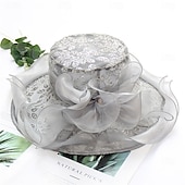 cheap Party Hats-Hats Organza Sun Hat Holiday Tea Party Horse Race Cocktail Elegant Vintage Cute With Floral Headpiece Headwear