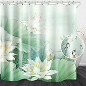 お買い得  シャワーカーテン-防水布製シャワーカーテン 180cm*180cm(70&quot;*70&quot;) フック付き 白い蓮のデジタルプリント バスルームのホームデコに カバーされたバスタブカーテンライナー