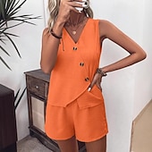 levne Dámské halenky-Dámské Šik ven Denní Halenka Soupravy šortek Bez rukávů Do V Pevná barva Dubbele Rij Knopen Venkovní Dovolená Světle zelená Tmavě námořnická Oranžová Léto Běžný