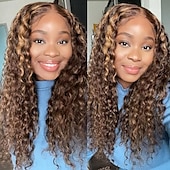baratos Perucas de seda frontais de cabelo natural-Peruca de renda cor piano 4x4 alta com destaque p4/27, peruca de renda com ondas profundas, densidade de 150%, cabelo humano