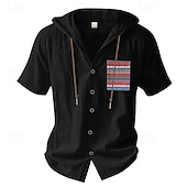 preiswerte Urlaub-Herren Hemd Freizeithemd Knopfhemd Baumwollhemd Einfach Urlaub Straße Schwarz Weiß Hellgrün Dunkelmarine Kurzarm Mit Kapuze Sommer Bekleidung Button-Down