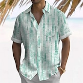 levne Geometriské vzory-Pánské Geometrický Mřížka / Přehoz Košile Letní košile Košile na knoflíky Krátký rukáv Móda pro volný čas Dovolená Streetwear Léto Přehnutý 3D tisk Jedna přední kapsa Len jako košile Žlutá Trávov