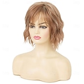 cheap Older Wigs-Womens Light Brown Short Wig with Bangs Layered Natural Fluffy Hair Wig for Daily Party Use