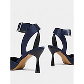 abordables Bal de promo-Escarpins à bride arrière en satin bleu marine pour femmes avec boucle en strass pour la remise des diplômes, le bal de fin d&#039;année et les occasions spéciales