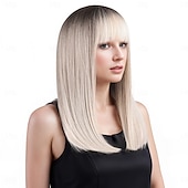 abordables Perruques Synthétiques Sans Bonnet-Perruque Synthétique Lisse Droit crépu Coupe dégradée Frange Droite Fabriqué à la Machine Perruque 20 pouces A1 Cheveux synthétiques Femmes Doux Classique Cheveux Mèches / Balayage Blanc