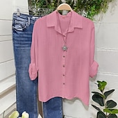 preiswerte Hemden-Damen Bluse aus Baumwolle und Leinen, einfarbig, elegant, stilvoll, lässig, langärmelig, V-Ausschnitt, normale Oberteile, Alltag, Urlaub, Knöpfe, weiß, gelb, rosa, blau, grau, Sommer, Frühling