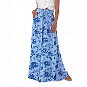 economico gamba larga e vita alta-Per donna Culotte Gamba Larga Pantaloni Eleganti Pantaloni Casual Boho Lunghezza intera Naturale Fiore Tasca Elastico in vita Stampa Comodo All&#039;aperto Ferie Casual Quotidiano Weekend Magenta Bianco