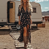levne Boho šaty-Dámské Midi šaty Vintage šaty Boho šaty Šaty s potiskem Westernové šaty Vinobraní Módní Venkovní Dovolená Rande Běžný Květiny Krátký rukáv Do V Černá Léto