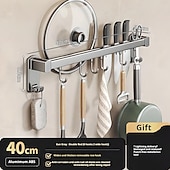economico Stoccaggio cucina-Supporto portaoggetti multifunzionale per cucina con ventosa, ABS, alluminio, asta appendiabiti con gancio &amp;portacoltelli a parete, portapale, portacoperchi, soluzione unica per riporre utensili da