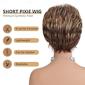 رخيصةأون كبار السن شعر مستعار-باروكة شعر أشقر بني قصير متعدد الطبقات للنساء ذوات البشرة البيضاء مع غرة، باروكة شعر واقعية مقاومة للحرارة، باروكة شعر صناعية للاستخدام اليومي