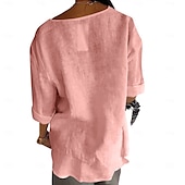 cheap Shirts-Women&#039;s Cotton Linen Blouse Solid Color Elegant Stylish Casual 3/4 Length Sleeve V Neck Regular Tops Daily Holiday Buttons Black White Pink Blue Beige Summer Spring